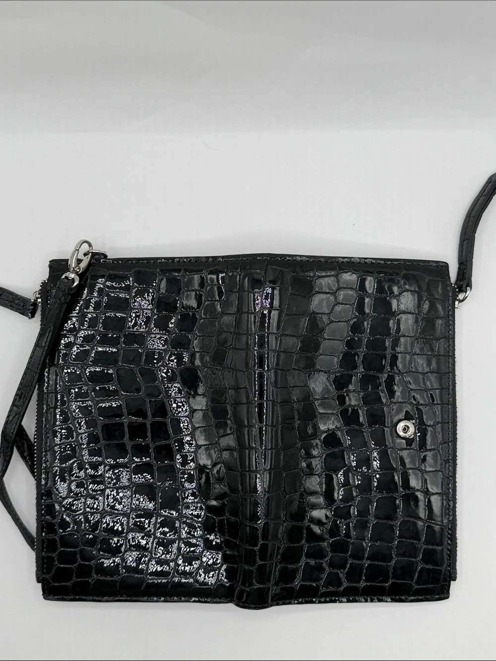 Black Croc-Embossed Wristlet Wallet with Heart Accent